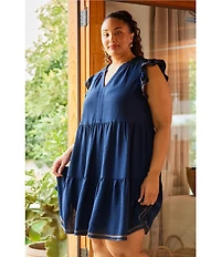 Skies Are Blue Plus Size Contrast Stitch Tiered Baby Doll Dress