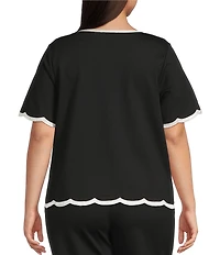 Skies Are Blue Plus Size Crew Neck Short Sleeve Contrast Scallop Trim Top