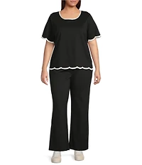 Skies Are Blue Plus Size Crew Neck Short Sleeve Contrast Scallop Trim Top