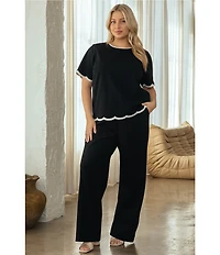 Skies Are Blue Plus Size Crew Neck Short Sleeve Contrast Scallop Trim Top