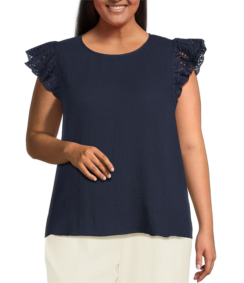 Skies Are Blue Plus Size Crochet Trim Gauze Top