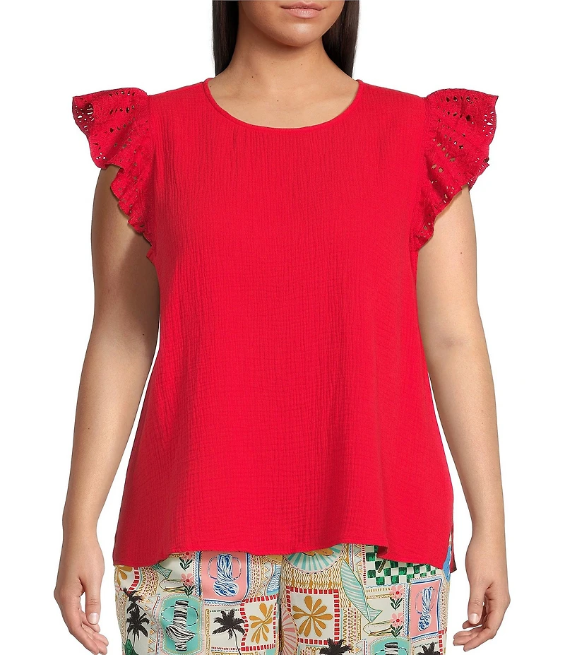 Skies Are Blue Plus Size Crochet Trim Gauze Top