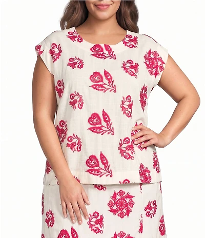 Skies Are Blue Plus Size Embroidered Round Neck Sleeveless Coordinating Top