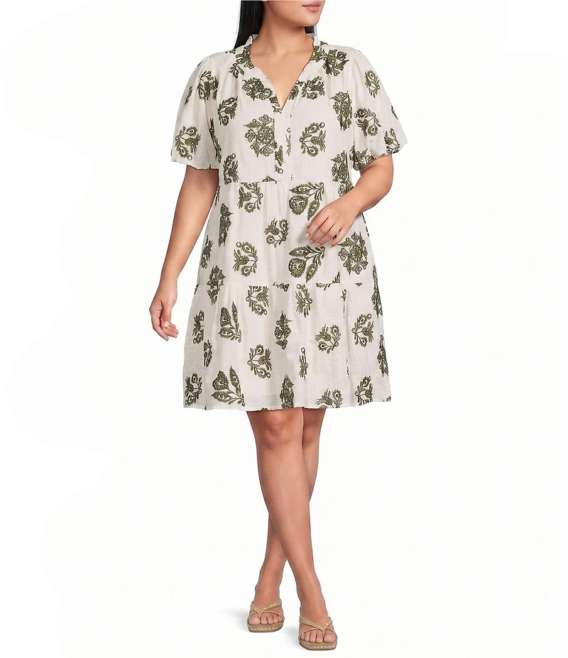 Skies Are Blue Plus Size Embroidered Split V-Neck Short Sleeve Tiered Mini Dress