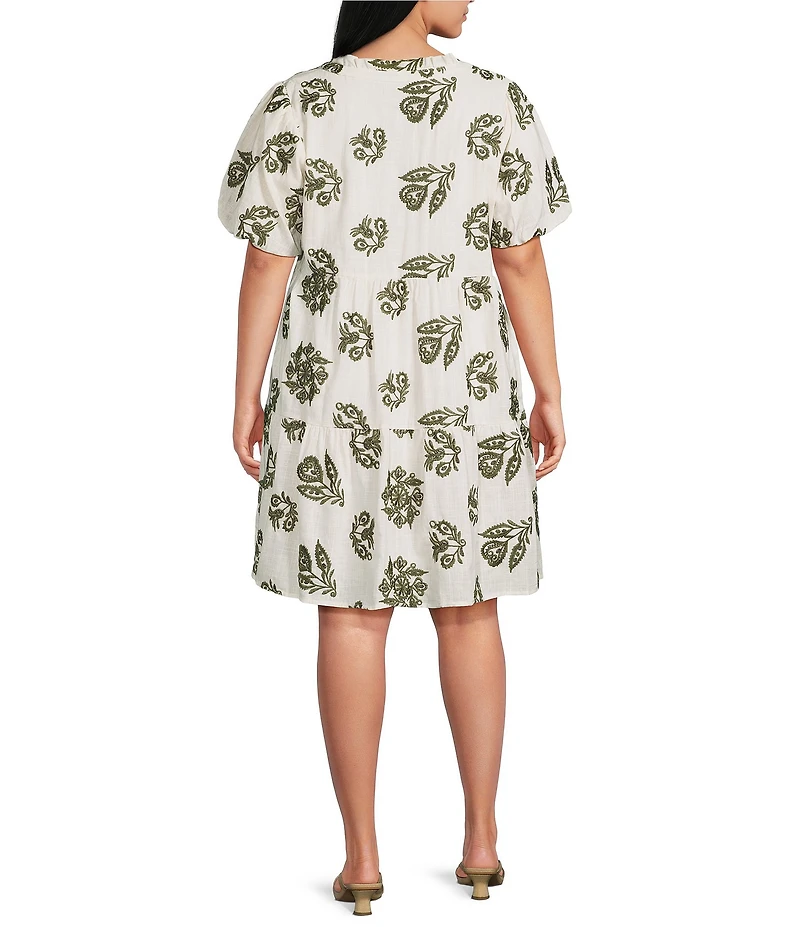 Skies Are Blue Plus Size Embroidered Split V-Neck Short Sleeve Tiered Mini Dress