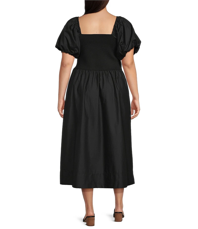 Skies Are Blue Plus Size Embroidered Trim Square Neck Short Sleeve Mixed Media Midi Dress