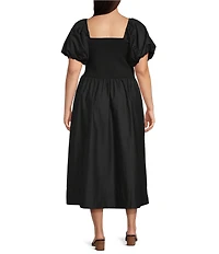 Skies Are Blue Plus Size Embroidered Trim Square Neck Short Sleeve Mixed Media Midi Dress