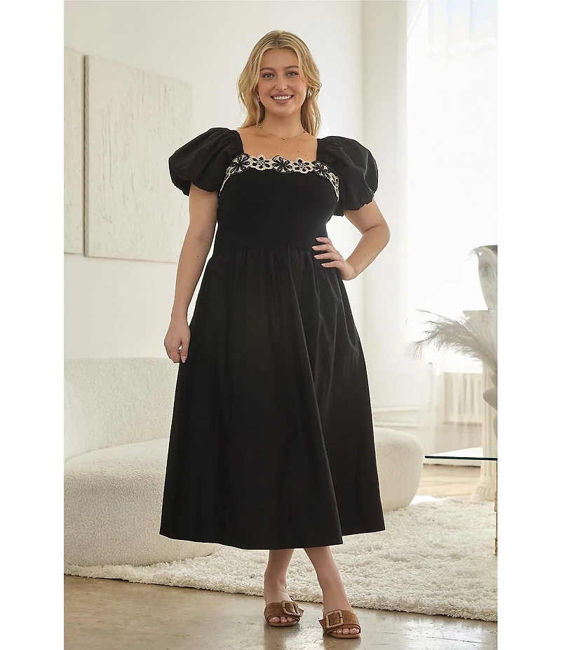 Skies Are Blue Plus Size Embroidered Trim Square Neck Short Sleeve Mixed Media Midi Dress