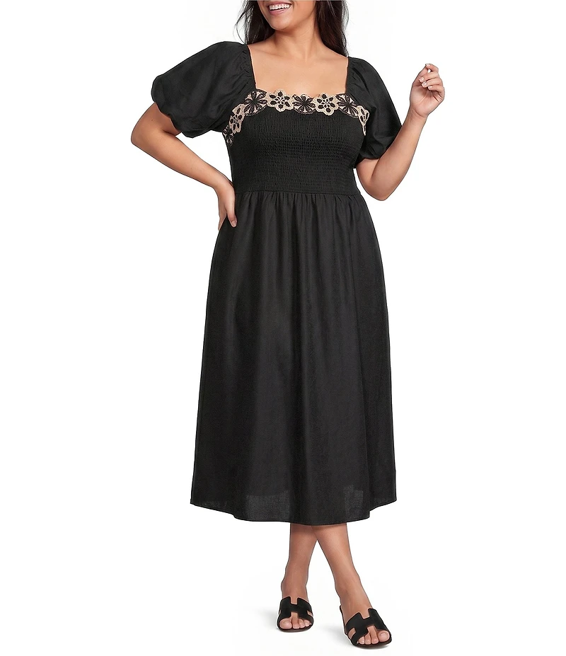 Skies Are Blue Plus Size Embroidered Trim Square Neck Short Sleeve Mixed Media Midi Dress