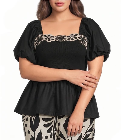 Skies Are Blue Plus Size Embroidered Trim Square Neck Short Sleeve Mixed Media Peplum Top