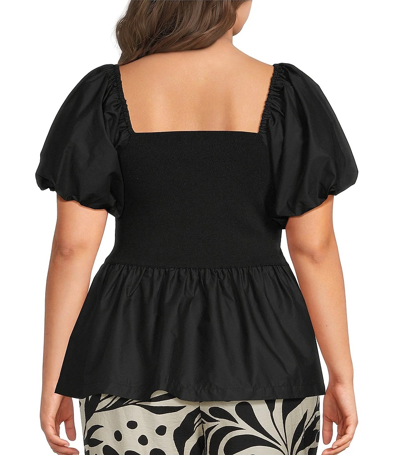 Skies Are Blue Plus Size Embroidered Trim Square Neck Short Sleeve Mixed Media Peplum Top