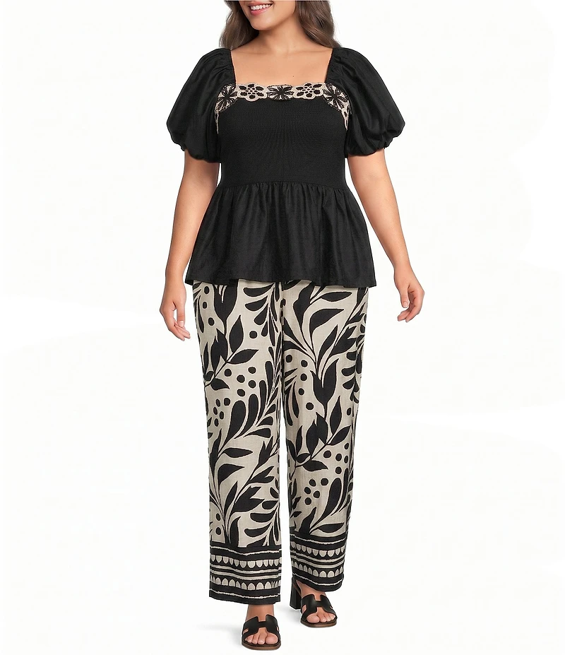 Skies Are Blue Plus Size Embroidered Trim Square Neck Short Sleeve Mixed Media Peplum Top
