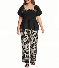 Skies Are Blue Plus Size Embroidered Trim Square Neck Short Sleeve Mixed Media Peplum Top