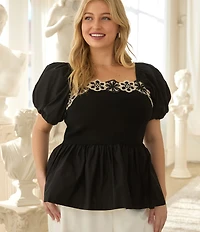 Skies Are Blue Plus Size Embroidered Trim Square Neck Short Sleeve Mixed Media Peplum Top