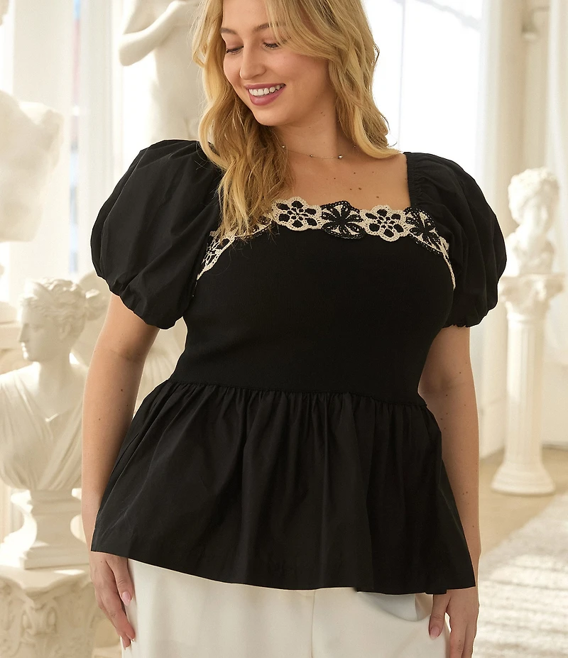 Skies Are Blue Plus Size Embroidered Trim Square Neck Short Sleeve Mixed Media Peplum Top