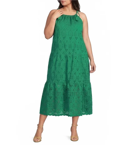 Skies Are Blue Plus Size Eyelet Halter Neck Sleeveless Tiered Midi Dress
