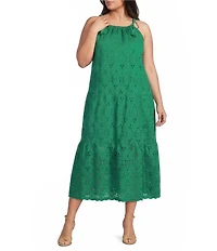 Skies Are Blue Plus Size Eyelet Halter Neck Sleeveless Tiered Midi Dress