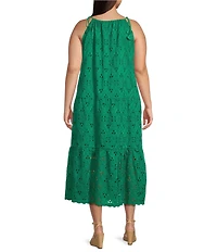 Skies Are Blue Plus Size Eyelet Halter Neck Sleeveless Tiered Midi Dress