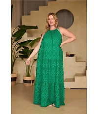 Skies Are Blue Plus Size Eyelet Halter Neck Sleeveless Tiered Midi Dress