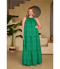 Skies Are Blue Plus Size Eyelet Halter Neck Sleeveless Tiered Midi Dress