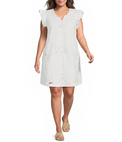 Skies Are Blue Plus Size Eyelet Lace Sun and Shell Embroidered V-Neck Ruffle Sleeve A-Line Mini Dress