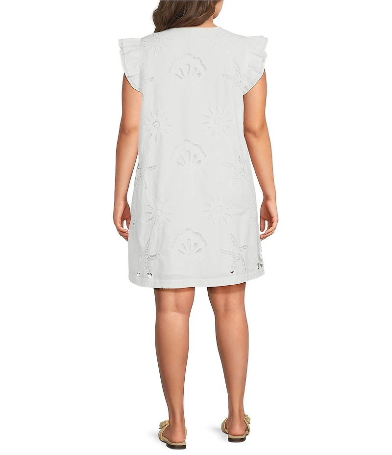 Skies Are Blue Plus Size Eyelet Lace Sun and Shell Embroidered V-Neck Ruffle Sleeve A-Line Dress