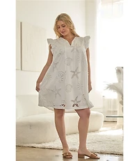Skies Are Blue Plus Size Eyelet Lace Sun and Shell Embroidered V-Neck Ruffle Sleeve A-Line Dress