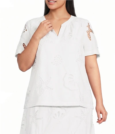 Skies Are Blue Plus Size Eyelet Lace Sun and Shell Embroidered V-Neck Short Sleeve Coordinating Top