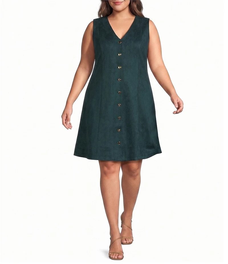 Skies Are Blue Plus Size Faux Suede V-Neck Sleeveless Button Front A-Line Dress