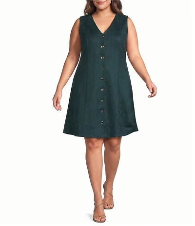 Skies Are Blue Plus Size Faux Suede V-Neck Sleeveless Button Front A-Line Dress