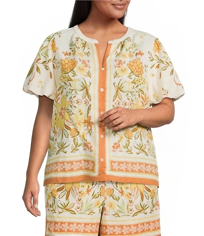 Skies Are Blue Plus Size Floral Border Print Split V-Neck Short Sleeve Coordinating Top