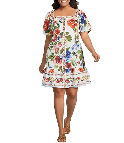 Skies Are Blue Plus Size Floral Border Printed V-Neck Long Sleeve Poplin Mini Dress