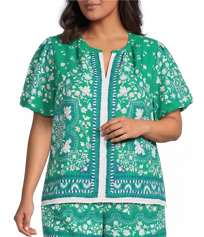 Skies Are Blue Plus Size Floral Border Split V-Neck Button Front Short Sleeve Coordinating Top