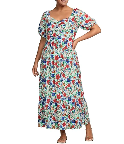 Skies Are Blue Plus Size Floral Ikat Printed Sweetheart Neck Short Balloon Sleeve A-Line Maxi Dress
