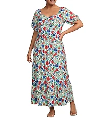 Skies Are Blue Plus Size Floral Ikat Printed Sweetheart Neck Short Balloon Sleeve A-Line Maxi Dress