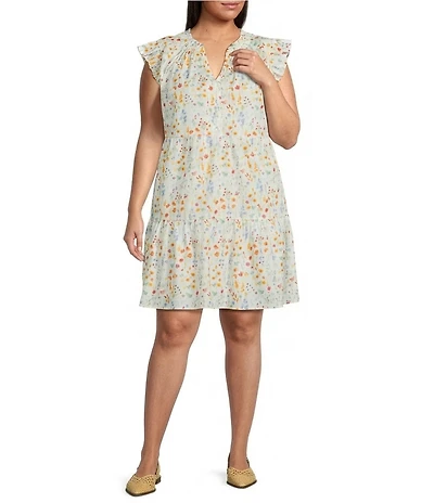 Skies Are Blue Plus Size Floral Print V-Neck Ruffle Cap Sleeve A-Line Mini Dress