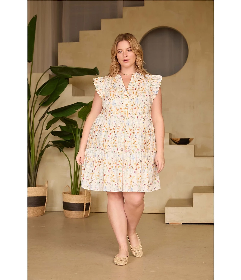 Skies Are Blue Plus Size Floral Print V-Neck Ruffle Cap Sleeve A-Line Mini Dress