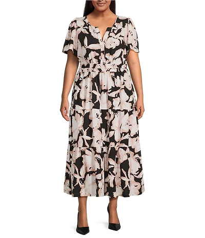 Skies Are Blue Plus Size Floral Printed Short Sleeve Midi Dress