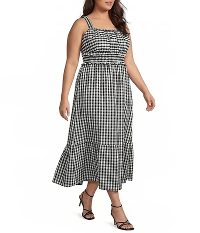 Skies Are Blue Plus Size Gingham Print Square Neck Sleeveless Smocked Maxi Dress