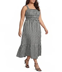 Skies Are Blue Plus Size Gingham Print Square Neck Sleeveless Smocked Maxi Dress