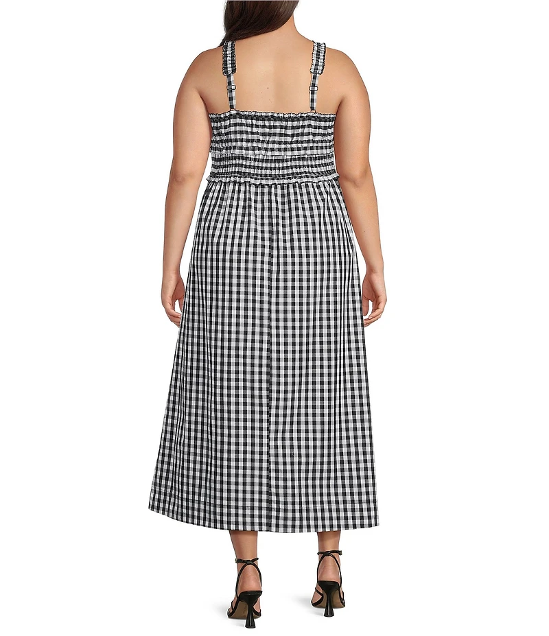 Skies Are Blue Plus Size Gingham Print Square Neck Sleeveless Smocked Maxi Dress