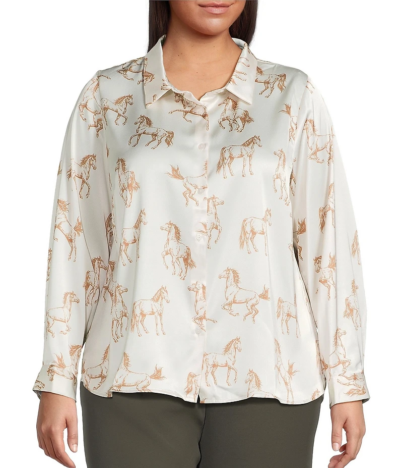 Skies Are Blue Plus Size Horse Print Point Collar Long Sleeve Blouse