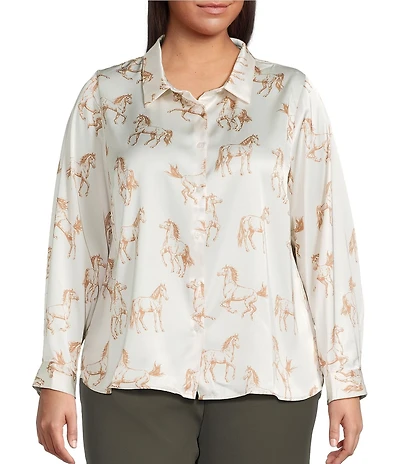 Skies Are Blue Plus Size Horse Print Point Collar Long Sleeve Blouse