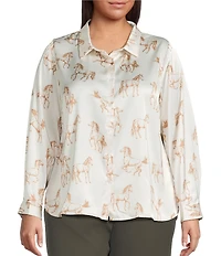 Skies Are Blue Plus Size Horse Print Point Collar Long Sleeve Blouse