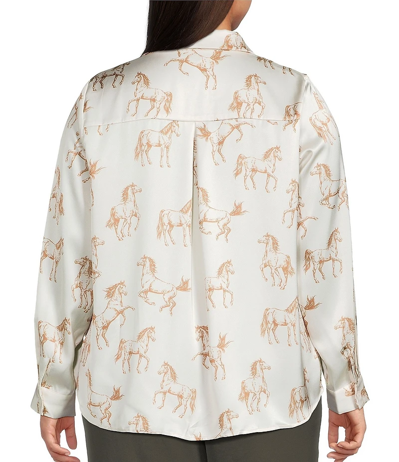 Skies Are Blue Plus Size Horse Print Point Collar Long Sleeve Blouse