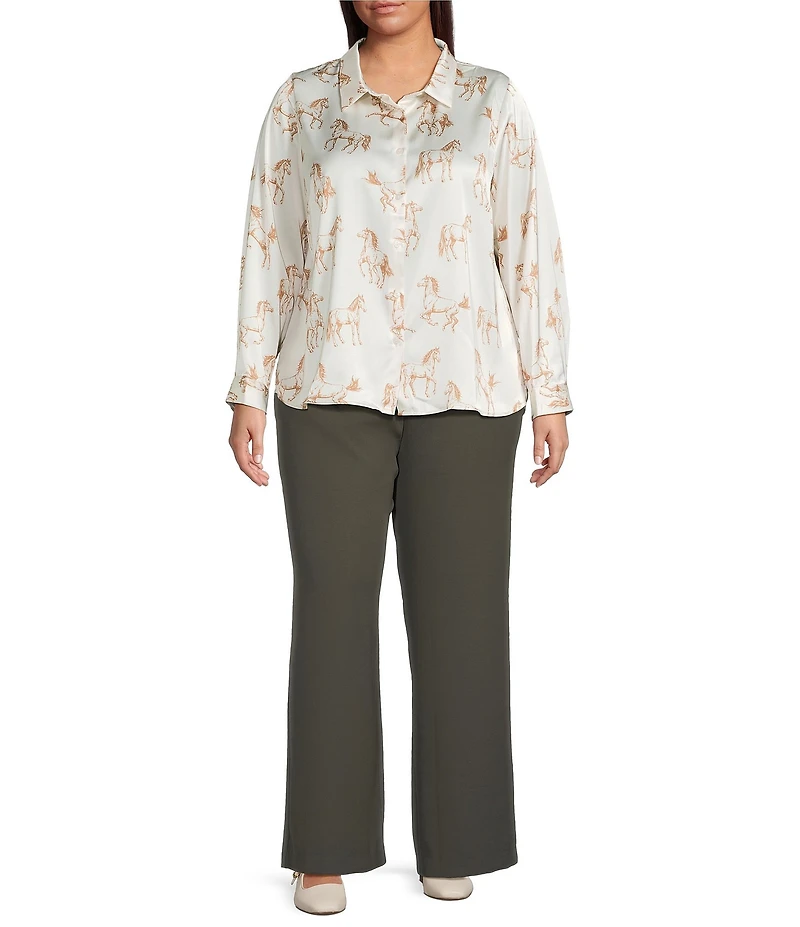 Skies Are Blue Plus Size Horse Print Point Collar Long Sleeve Blouse