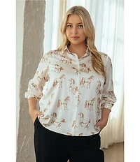 Skies Are Blue Plus Size Horse Print Point Collar Long Sleeve Blouse