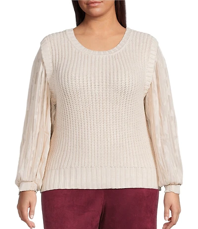 Skies Are Blue Plus Size Knit Chiffon Crew Neck Long Sheer Organzaa Sleeve Twofer Sweater Top