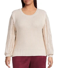 Skies Are Blue Plus Size Knit Chiffon Crew Neck Long Sheer Organzaa Sleeve Twofer Sweater Top