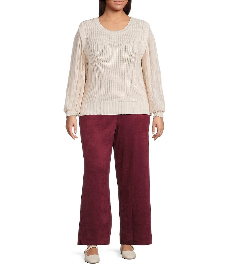 Skies Are Blue Plus Size Knit Chiffon Crew Neck Long Sheer Organzaa Sleeve Twofer Sweater Top